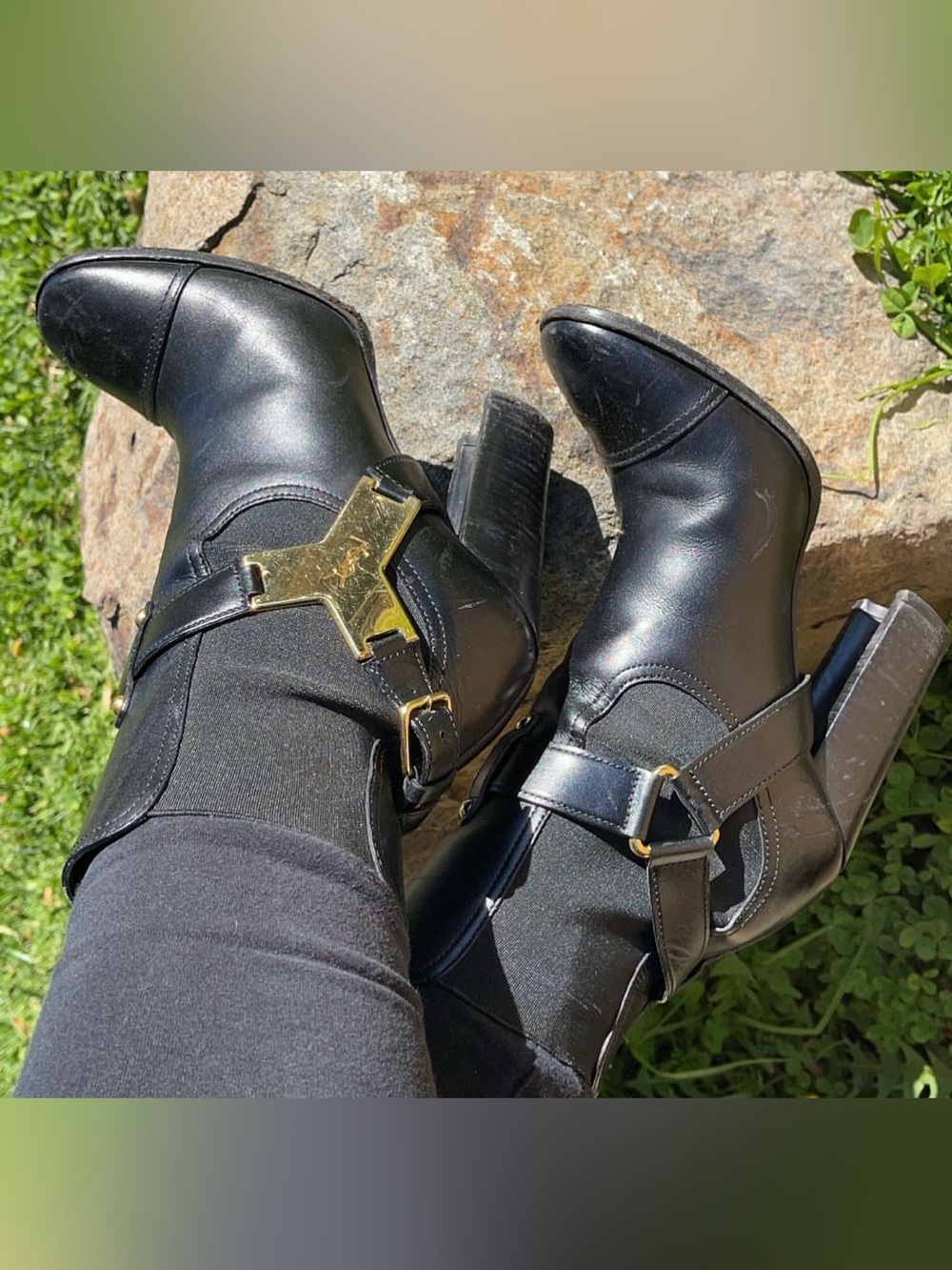 Yves Saint Laurent Black Leather Ankle Boots with Gold Y Hardware